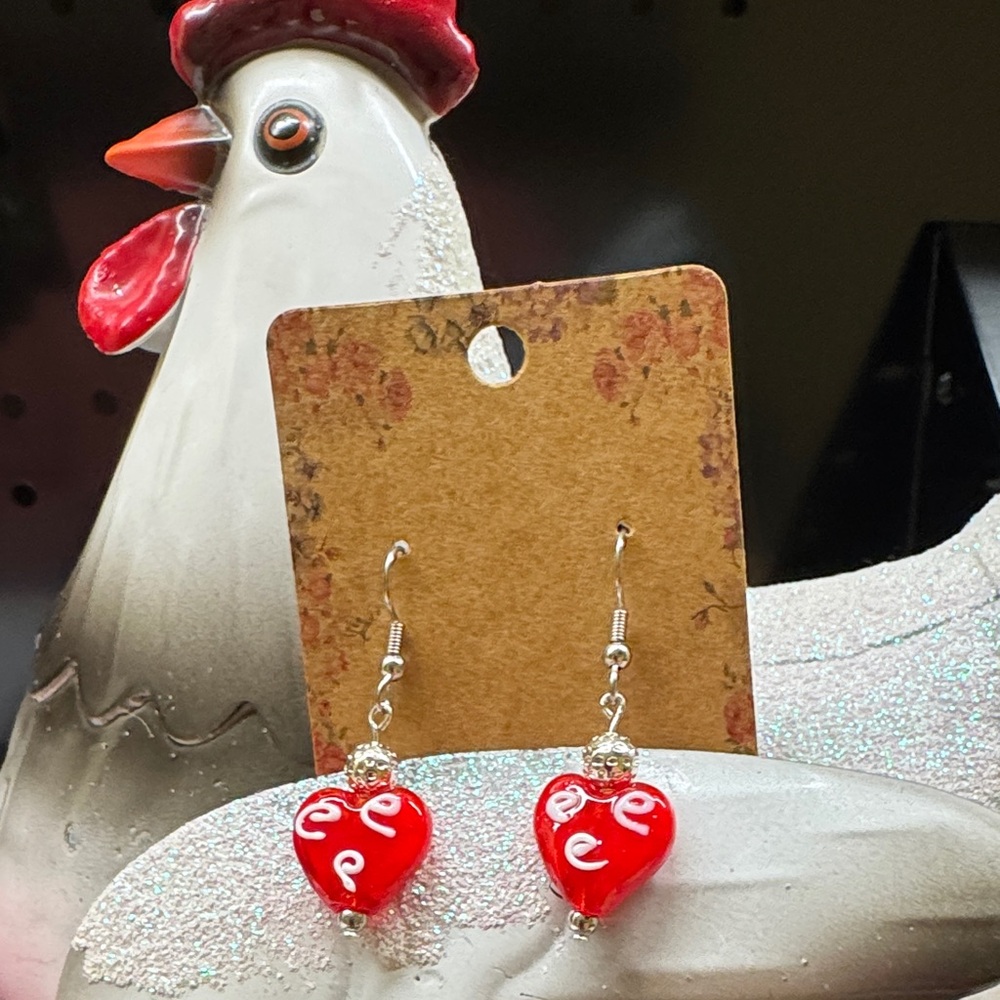 Valentine’s Day Red and White Lampwork Heart with Silver accent Earrings 2/$22